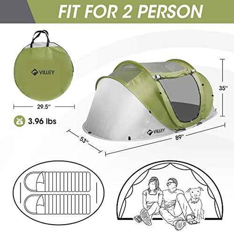 VILLEY 2 Person Easy Pop Up Tent, Waterproof Automatic Setup Instant Lightweight Camping Beach Tent with Carrying Bag for Camping, Hiking & Traveling
