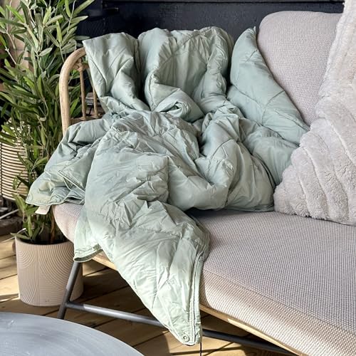 Noora North Down Camping Blanket Packable, Warm Puffy Blanket Camping Quilt for Backpacking, Hiking, Packable Blanket Travel – Lightweight Outdoor Down Throw Blanket & Bag, 50x77” Light Sage Green