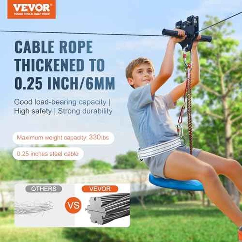 VEVOR Zip line Kits for Backyard£¬80ft Zip line Kit for Kids and Adult Up to 330 lb, Included Swing Seat, Ziplines Brake, and Steel Trolley, Outdoor Playground Equipment
