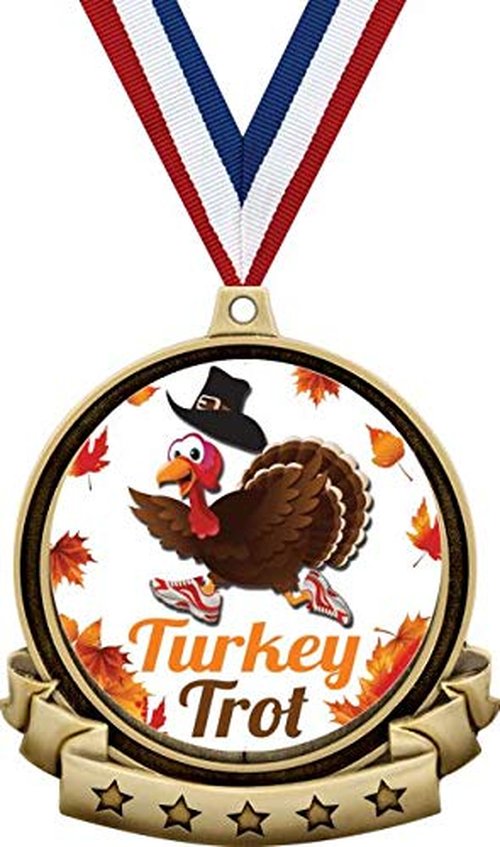 Turkey Trot Medals - 2.5" Gold Turkey Trot Medal Award Includes Red White and Blue Neck Ribbon, Great Thanksgiving Awards 5 Pack Prime