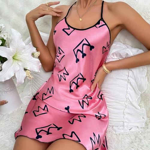 Womens Nightdress Fashion Print Sexy Backless Ice Silk Sling Pajamas Dresses Nightgowns Chemise Sleepwear Lingerie Style001 Pink Small