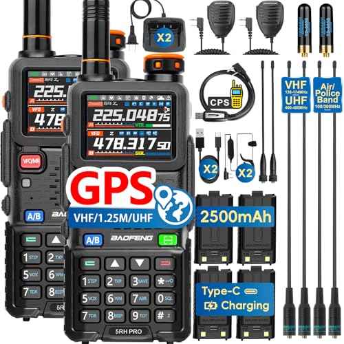 Ham Radio BAOFENG Radio 5RH PRO GPS 10W High Power(4PCS Batteries, 8 Antennas) Walkie Talkies Long Range, APRS, Air Band, NOAA Emergency Weather Alarm for Survival Gear Hunting Camping 2 Pack Full Kit