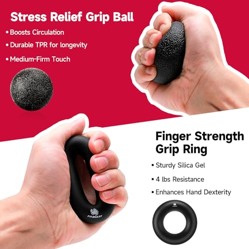 FitBeast Hand Grip Strengthener Workout Kit (5 Pack), 2 Forearm Grip Adjustable Resistance Hand Gripper, Finger Stretcher, Grip Ring & Stress Relief Grip Ball for Athletes