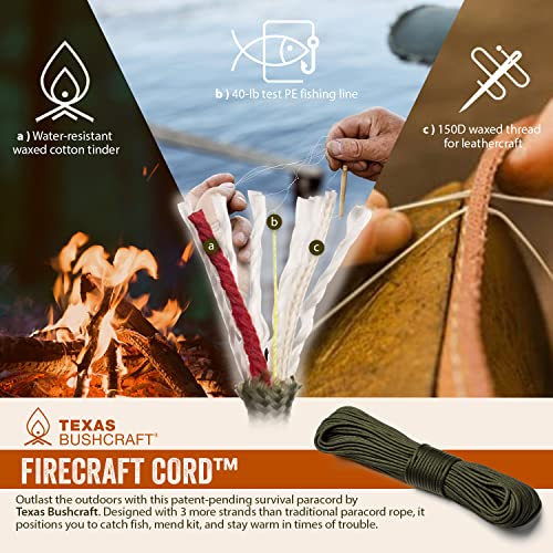 Texas Bushcraft Firecraft Cord Survival Bracelet – Paracord Bracelet with Bow Shackle for Camping and Emergency – 3 Extra Strands Include Wax Thread, Tinder, and Fishing Line (Army Green, M)