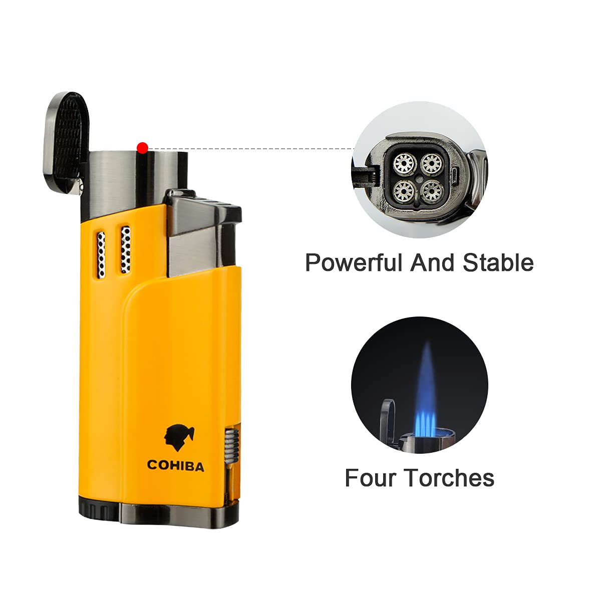 Cigar Lighters Torch with Punch 4 Jet Butane Refillbale Lighter Metal Torches Windproof (Yellow)