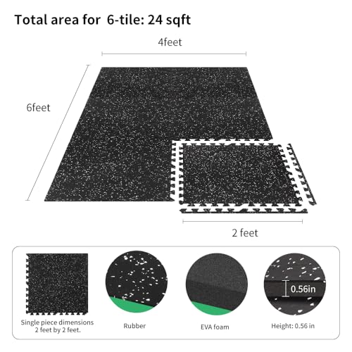 0.56in Thick 24 Sq Ft Gym Flooring for Home Gym, 6 Tiles Workout Exercise Equipment Mats, Rubber Top with EVA Foam, Interlocking Puzzle Floor Tiles for Fitness Room, Protective Flooring Mat