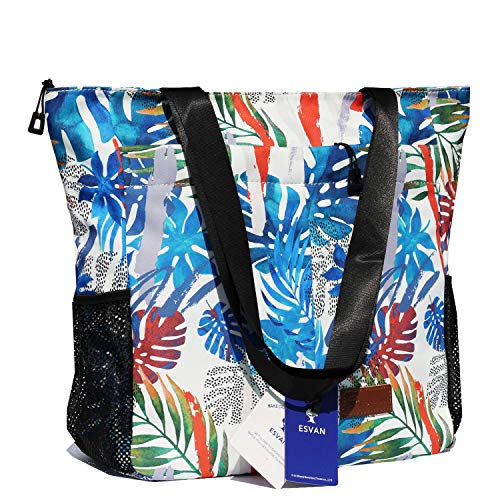 ESVAN Original Floral Water Resistant Tote Bag Large Shoulder Bag with Multi Pockets for Gym Hiking Picnic Travel Beach Daily Bags (Colorful Leaf)