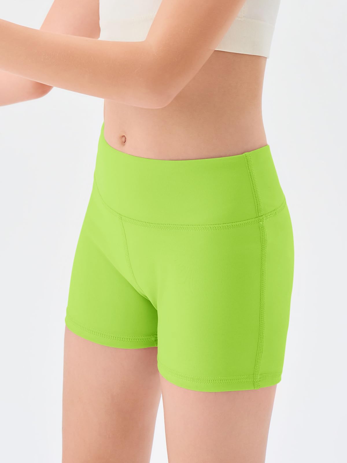 Haloumoning Girls Athletic Shorts Kids High Waisted Yoga Dance Biker Shorts Comfy Gymnastics Shorts 5-14Y Neon Green