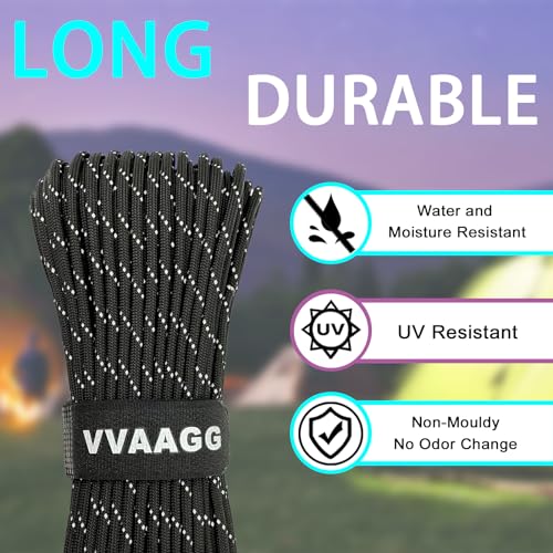 VVAAGG Reflective Paracord Rope 100FT, 7 Strand Nylon para Cord Lanyard Utility 550 Parachute Cord, 4mm Thin Tent Rope for Outdoor Camping Hiking