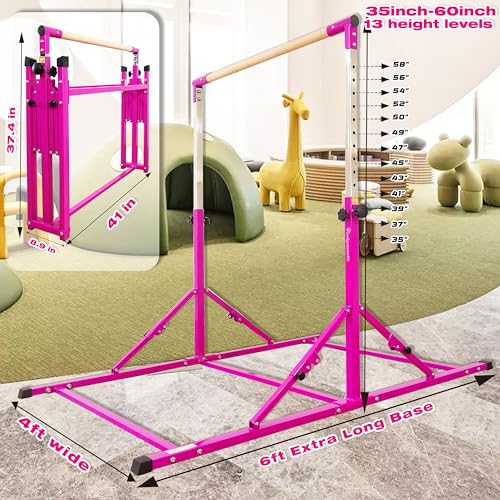 PreGymnastic Foldable Gymnastics Bar, 6FT Gymnastic Horizontal Bars, Folding Training Bar for Kids and Teenagers 3-18, Weight Limit 500 LB, Adjustable kip Bar,Children Home Gym Equipment Indoor