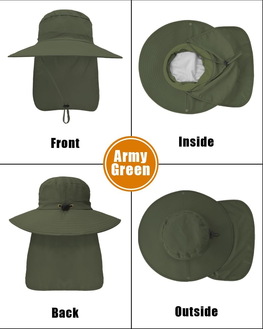Outdoor Sun Hats with Stowable Neck Flap for Men Women UPF 50+ Mesh Summer Bucket Hat Wide Brim for Fishing Safari Hiking Army Green