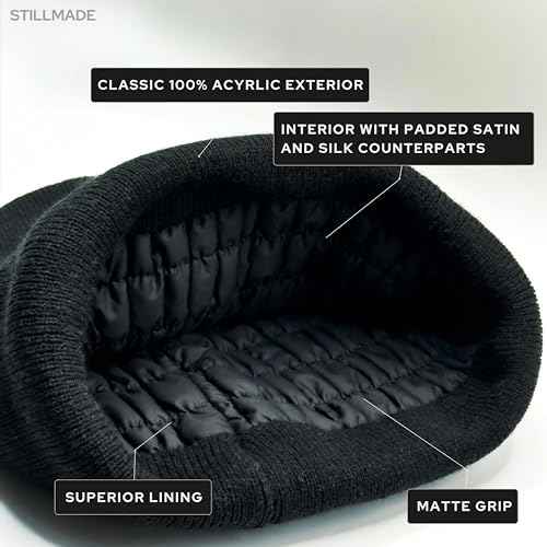 Padded Silk-Satin-Lined Beanie ? Prevents Breakage & Frizz, Reduces Scalp Irritation, All-Day Wear & Hair Friendly, Warm Acrylic Knit Winter Hat for Woman & Men ? Cuffed Style Black