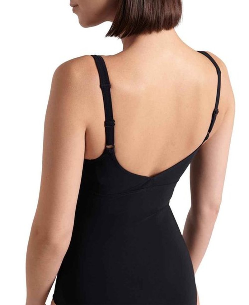 ARENA Women’s Jewel Shapewear One Piece Swimsuit Wing Back B Cup Built in Bra Ladies Bathing Suit Shaping Tummy Control Swimwear, Black/White, Size 46
