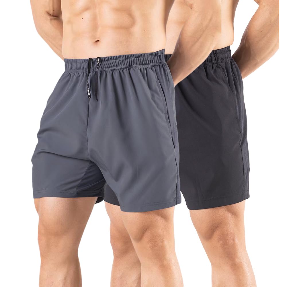 Gaglg Men's 5" Running Shorts 2 Pack Quick Dry Athletic Workout Gym Shorts with Zipper Pockets Black/Dark Grey,Small