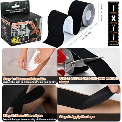 Kinesiology Tape for Knees & Shoulder -2 Rolls Elastic Athletic Sports Tape for Knee Pain Relief, Muscle Strain Relief, Joint Support & Plantar Fasciitis, Waterproof, Breathable & Zero Latex, Black