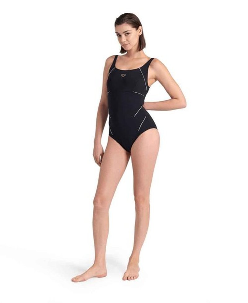 ARENA Women’s Jewel Shapewear One Piece Swimsuit Wing Back B Cup Built in Bra Ladies Bathing Suit Shaping Tummy Control Swimwear, Black/White, Size 46