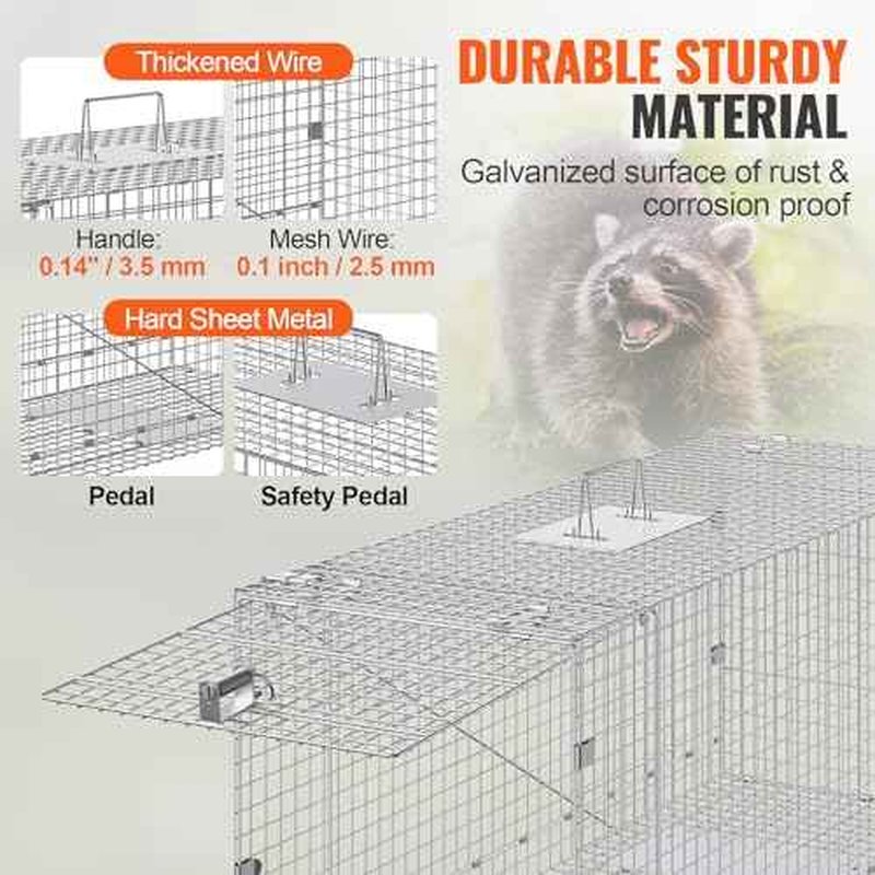 VEVOR Live Animal Cage Trap, 42" x 16" x 18" Humane Cat Trap Galvanized Iron, Folding Animal Trap Cage with Handle for Stray Dogs, Armadillos, Raccoons, Foxes