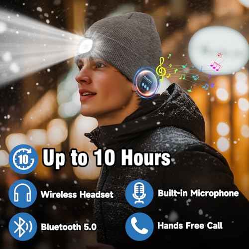 Rotibox Bluetooth Beanie with Light, Unisex USB Rechargeable 4 LED Headlamp Hat with Wireless Headphones