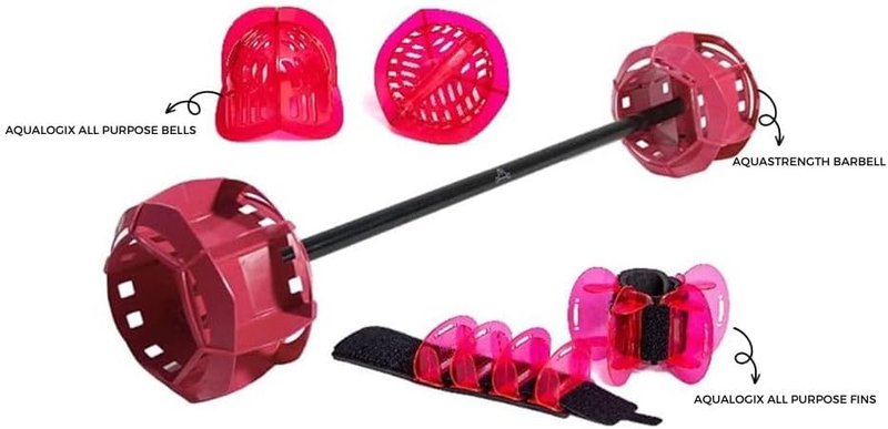 Hydrorevolution Ultimate Pool Exercise Bundle - Medium Resistance Water Weights & Aqualogix Fins | Pink Bells & Barbell Set