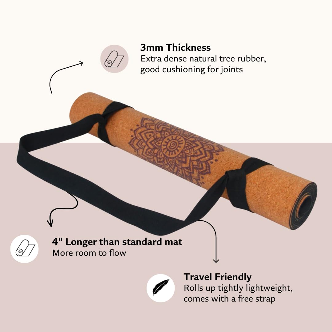 Shakti Warrior Chakra Cork Yoga mat - Artist Designed, Premium eco friendly mats, Non Slip, Non Toxic, Great for Regular & Hot Yoga, Pilates and Work out (72 inch x 24 inch x 3mm Thick)