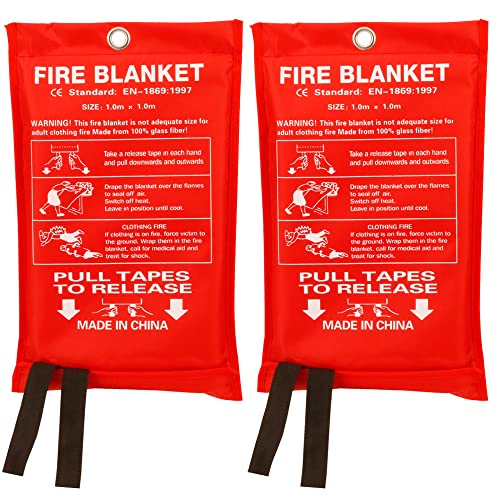 Aksipo Fire Blanket Fiberglass Fire Emergency Blanket Suppression Blanket Flame Retardant Blanket Emergency Survival Safety Cover for Kitchen Home House Car Office Warehouse, 2 Pack (39.3X 39.3 inch)