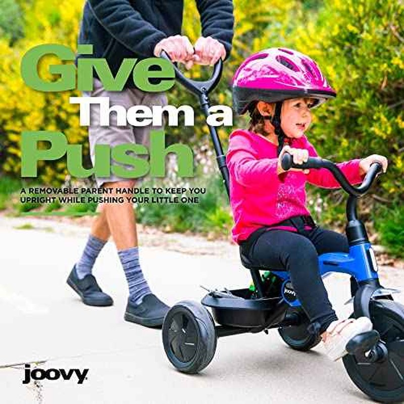 Joovy Tricycoo Fold & Go Toddler Tricycle Featuring Removable, Adjustable Push Handle, Lockable Pedals, Height-Adjustable Seat, 3-Point Safety Harness, and Rear Storage Box (Blueness), 27.6"x18.5"x37"