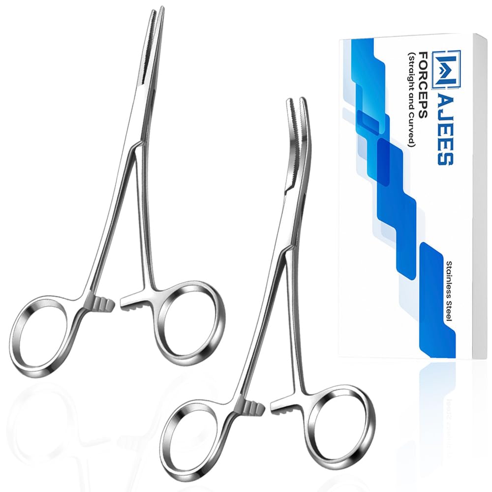 Fishing Forceps Set - Curved & Straight Hemostat 5" 2 Pcs Mosquito Forceps, Locking Small Stainless Steel Tweezers Clamps, Ideal for Fly Tying, Hook Removal, Tackle Box, Crafts & Hobby Use