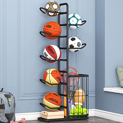 YIILII Multi-Function Sports Equipment Storage Racks - Adjustable and Durable Solutions for Organizing Balls, Toys, and Gear Indoors, in Garages, or Outdoors (5-Tier-Black-with Basket)