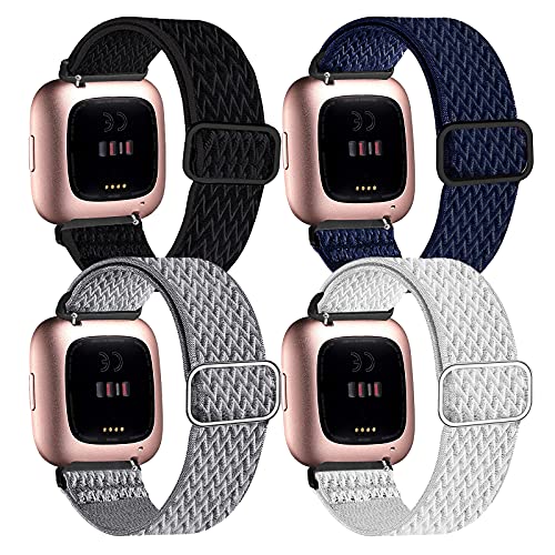 BOTNUW 4 Pack Elastic Bands Compatible with Fit bit Versa 2 /Versa/Versa SE/Versa Lite Wristbands Fitness Smart Watch, Soft Loop Nylon Adjustable Stretchy Replacement Straps for Women Men