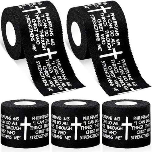 5Pcs Christian Athletic Tapes 2in x 23ft Black Cotton Zinc Oxide Sport Tape Faith Cross Sports Wristbands Religious Bible Verse Wrist Tape for Football Baseball Gymnastic Boxing First Aid Injury Wrap