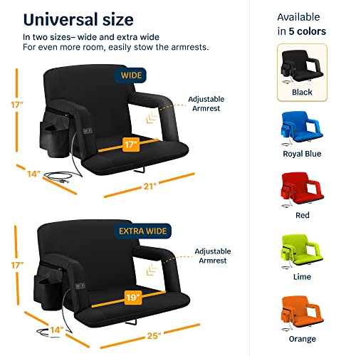 Alpcour Heated Massage Reclining Stadium Seat for Bleachers – Wide Bleacher Chair with Back Support and Cushion, Armrests, Large Pockets, and Multiple Safety Features – Best Stadium Seats Chairs
