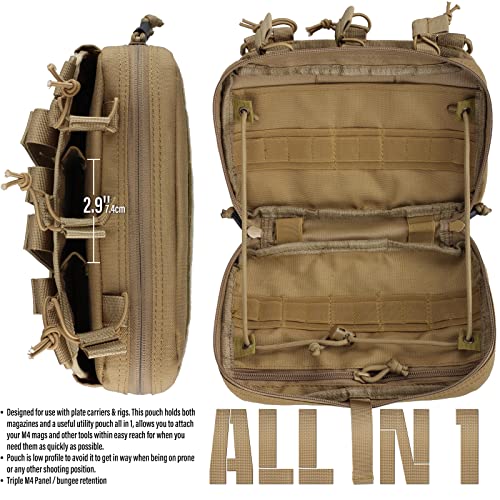 WYNEX Tactical Mag Admin Pouch, Molle Utility Tool Pouch Medical EMT Organizer with Triple Stacker Magazine Holder for M4 M16 Patch Included Khaki