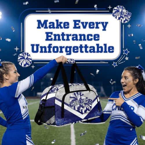 YYTBOD Cheerleader Duffel Bag Set with Makeup Bag & Bow Keychain - Silver & Navy