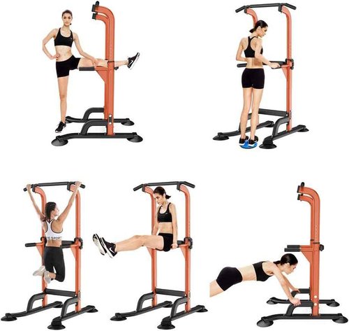SogesHome Power Tower Pull Up Bar and Dip Station Adjustable Height Dip Stand Multi-Functional Strength Training Fitness Workout Station, Orange