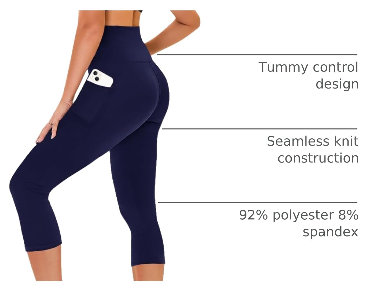 TNNZEET Capri Leggings for Women - Tummy Control Black Leggings with Pockets High Waisted Yoga Pants Workout Cycling Leggings