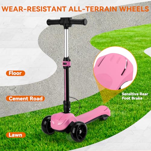 24V Electric Scooter for Kids w/150W Powerful Motor, Thumb Throttle, LCD Screen, Bluetooth, Light-Up Stem Deck & Wheels, 3 Adjustable Heights, 5MPH Safe Speed, 3 Wheel Electric Scooter for Kids, Pink