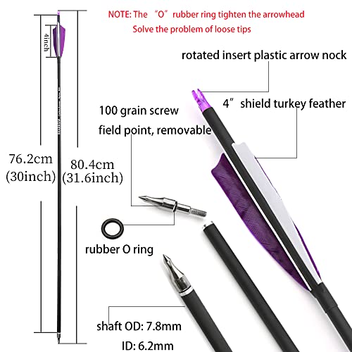 ZSHJGJR 30 Inch Archery Carbon Arrows Hunting Arrows with 4” Turkey Feather Target Practice Arrows Spine 500 for Compound & Recurve &Traditional Bow 6/12pcs (12 x Purple Arrows)