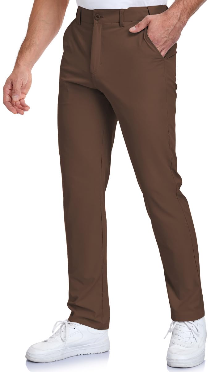 SPOSULEI Men's Golf Pants Lightweight Quick Dry Dress Business Pants with 4 Pockets Stretch Chino Slacks Pants Brown 30Wx30L