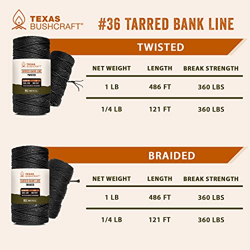 Texas Bushcraft Tarred Bank Line Twine - #36 Black Nylon String for Fishing, Camping and Outdoor Survival – Strong, Weather Resistant Bankline Cordage for Trotline (1/4 lb - #36 (131 ft), Braided)