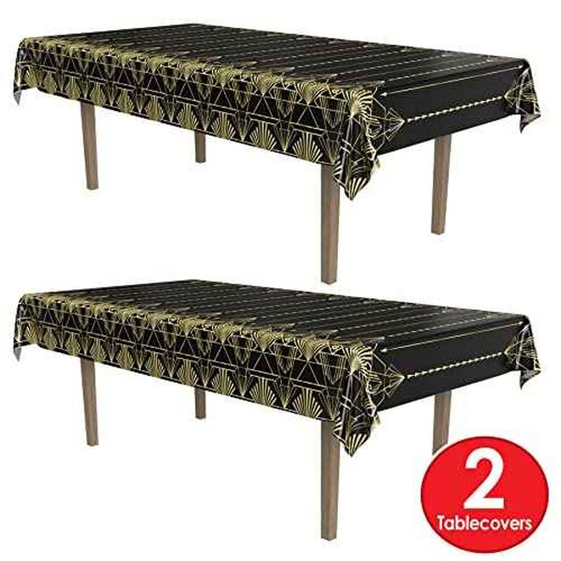 Beistle 2-Count Great 1920s Tablecover, Art Deco Decor & Table Decorations for Party, Hollywood Decor, Plastic Black & Gold Plastic Cover, 54" x 108"