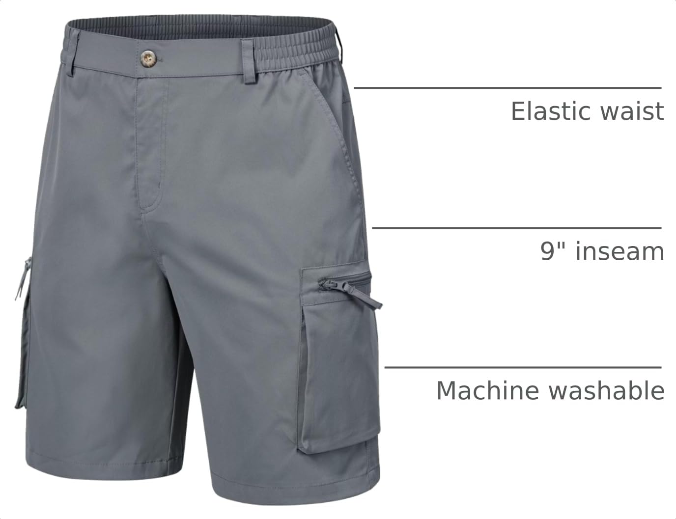 QPNGRP Men's 9" Inseam Stretch Waist Zipper Cargo Shorts with 6 Pockets Grey 30
