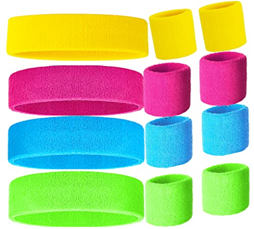 80s Sweatbands Neon Sweatbands Set Includes Pink, Blue, Yellow and Green Headband and Wristbands, Sweat Bands Headbands for Women with Matching Wristbands, Sweatbands for Women for Halloween Costumes