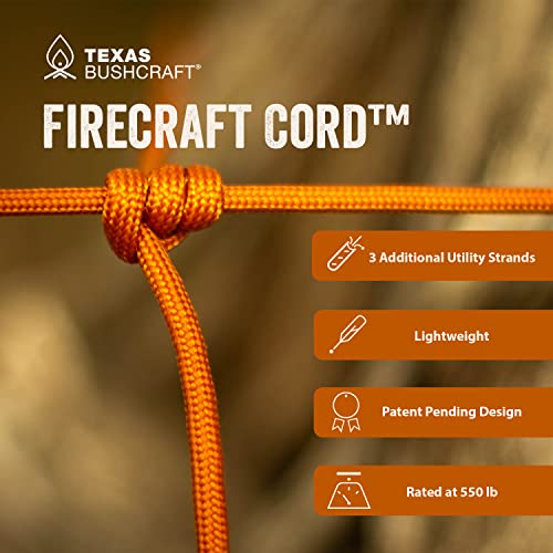 Texas Bushcraft Firecraft Cord - Utility Paracord Survival Rope, Parachute Cord for Survival Gear – 3 Extra Strands for Emergency Preparedness Fishing, Sewing and Tinder (Army Green, 25 ft)