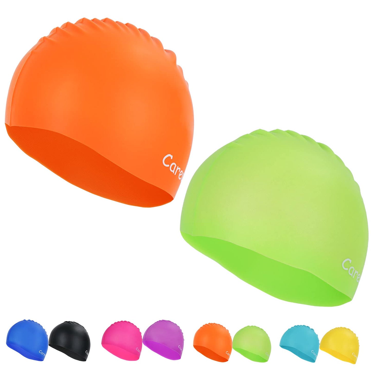 Swim Cap, 2 Pack Durable Silicone Swimming Caps for Kids Girls Boys Youths (Age 2-12), Soft 3D Ergonomic Waterproof Kids Swim Caps, Comfortable Fit for Long Hair and Short Hair