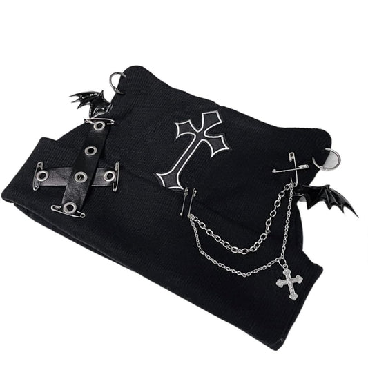 Y2K Gothic Grunge Cat Ear Bat Wing Black Beanie Hat Harajuku Punk Cross Chain Knitted Hat Women Chic Streetwear (Black)