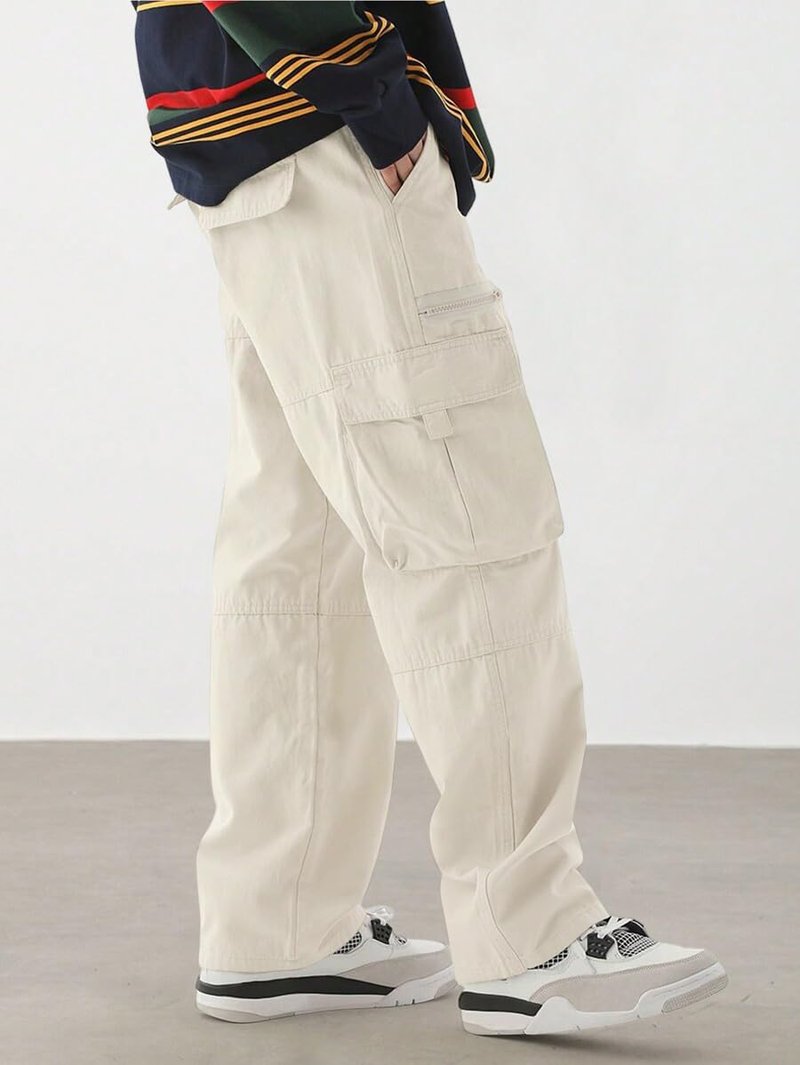 ZAFUL Men's Wild Cargo Pants Loose Fit Y2K Pants Drawstring Casual Hiking Pants Pocket Zipper Design Straight Trousers Apricot L