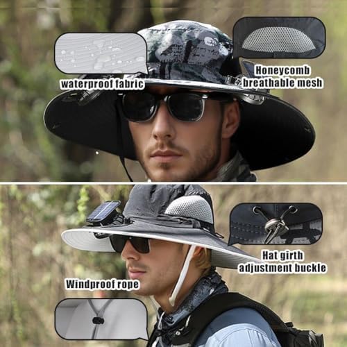 Oversize Big Head Outdoor Wide Brim Sun Hat with 2 Solar Fan Sun Bucket Hat for Men Women Solar Fan Hat UPF 50+