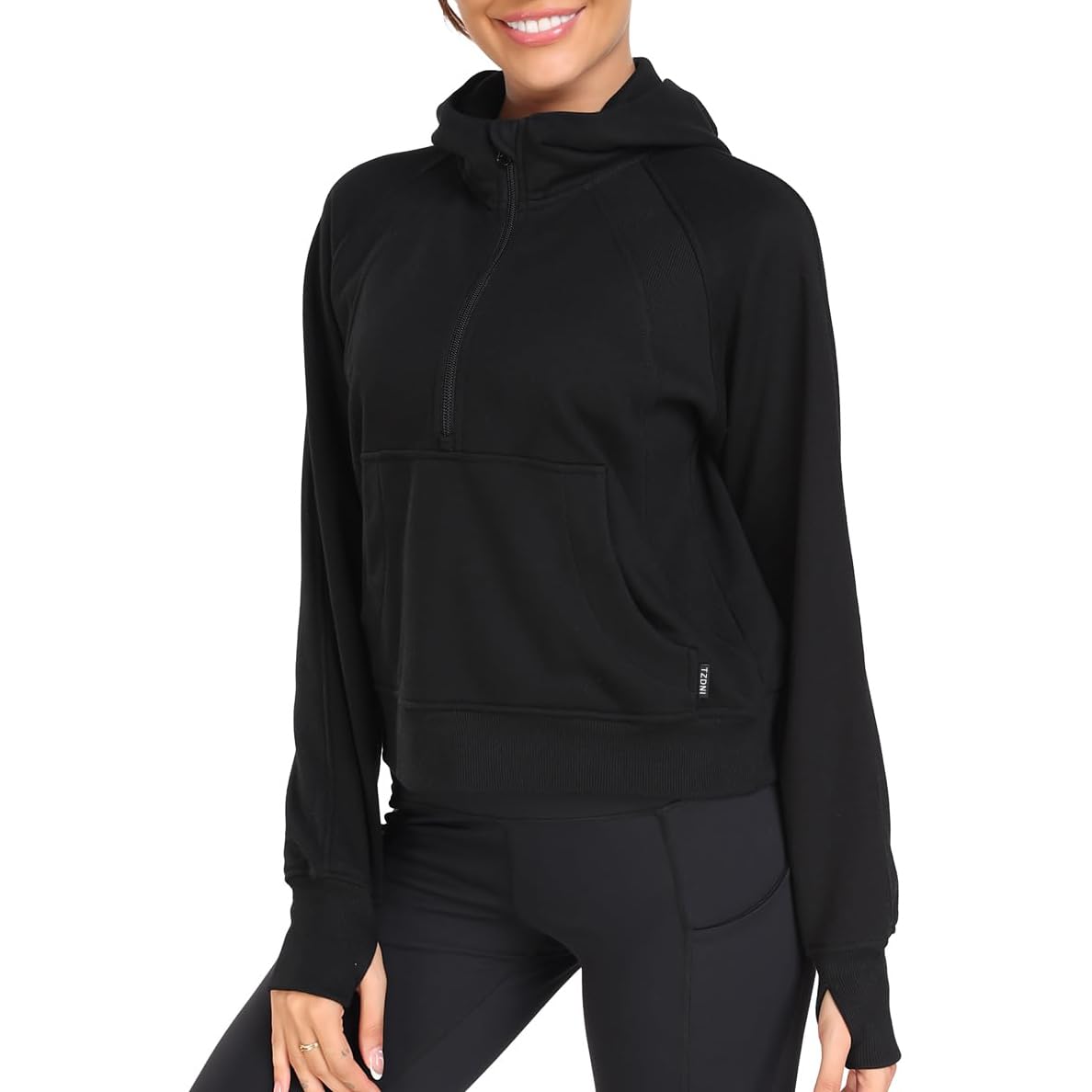 TZDNI Women's Half Zip Sweatshirt Cropped Hoodie Workout Zipper Long Sleeve Pullover With Pockets Thumb Holes Black S