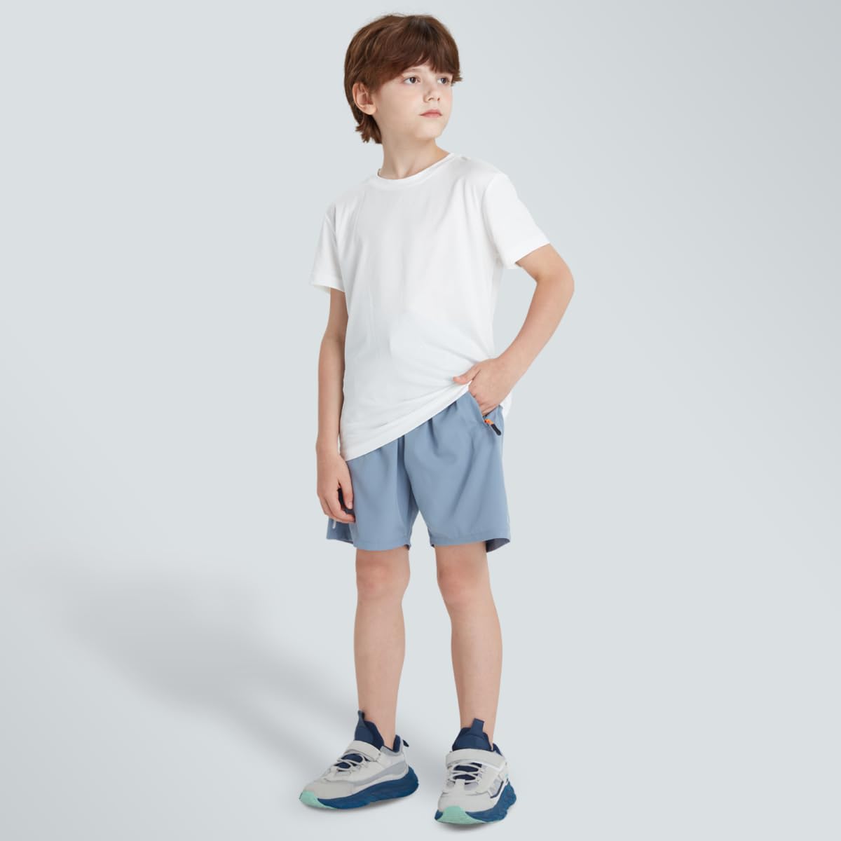 ANHDM Boys Athletic Shorts Quick Dry Sport Shorts Lightweight Running Shorts with Zipper Pockets (Pack of 2), B/Khaki&Grey Blue, 11-12T