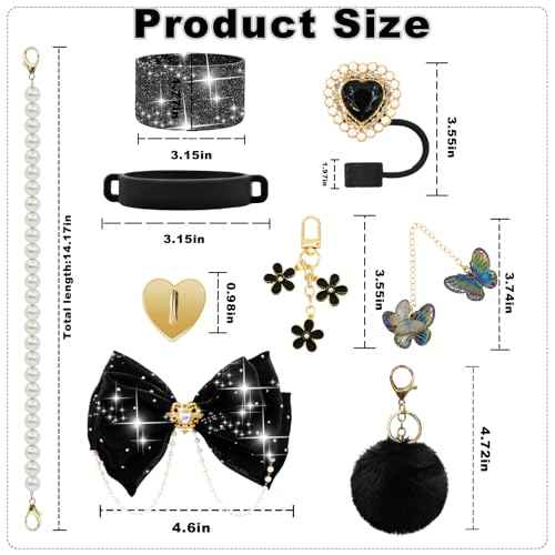 LBU Bling Stanley Cup Accessories for 40/30/20 oz Tumbler with Handle Including Glitter Bow Straw Topper, Heart Straw Cover, Pearl Water Bottle Handle Strap, Boot, Pom-Pom, Keychain Charms(Black)